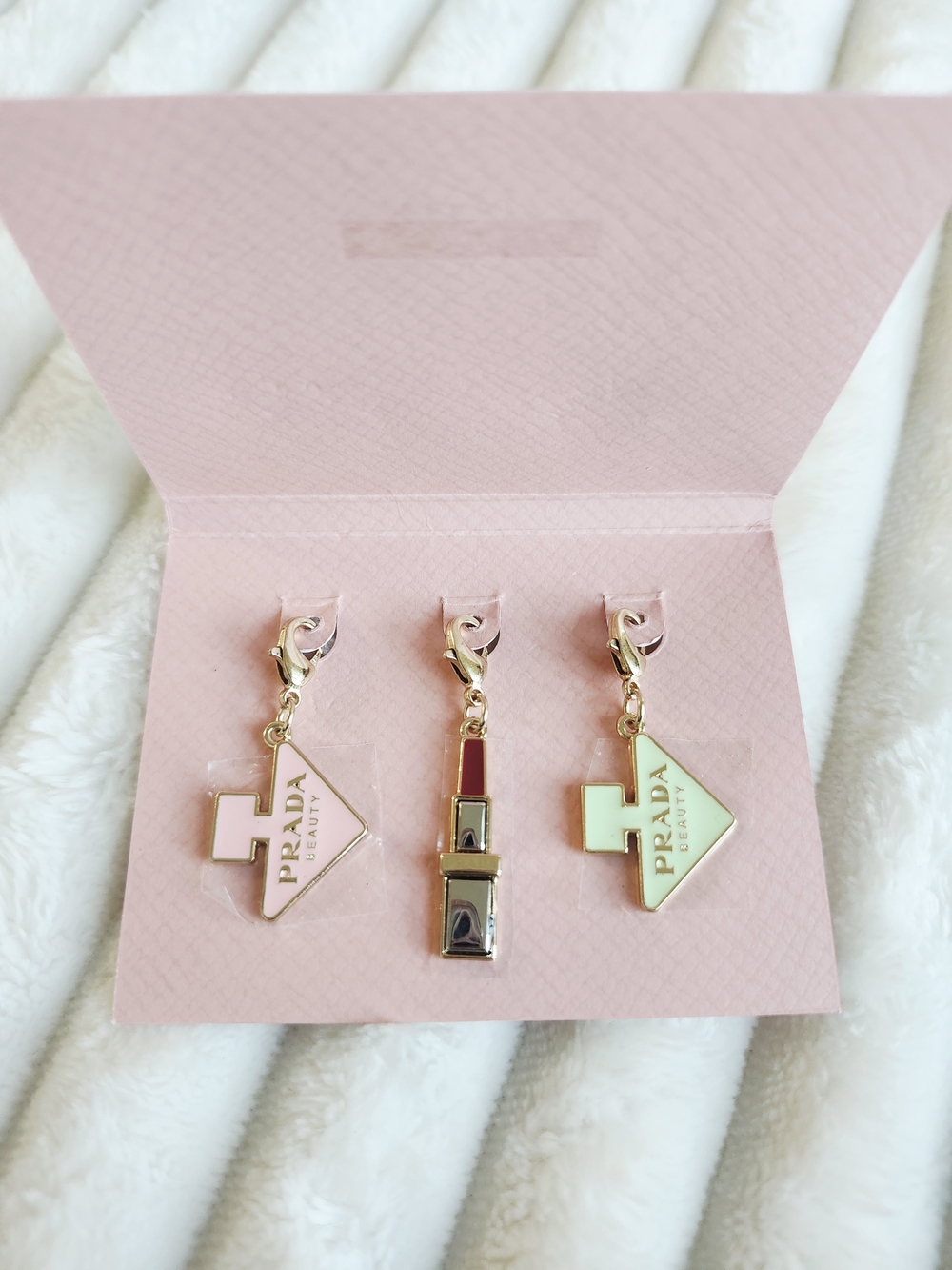 Prada Beauty Triangle Logo Lipstick Charm Set of 3 Pink Green GWP